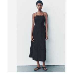 Zara Womens Dress XL Black Embroidered Eyelet Midi Backless A-Line 5107/246 NWT